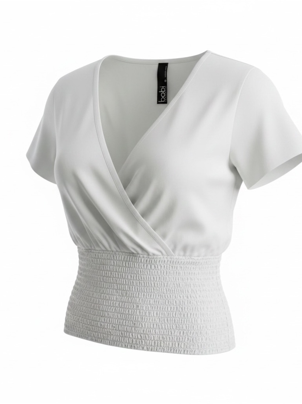 Bobi LA Women’s Top~ White~Short Sleeve~XS~Deep V Cross Neck~ Shirred Midsection